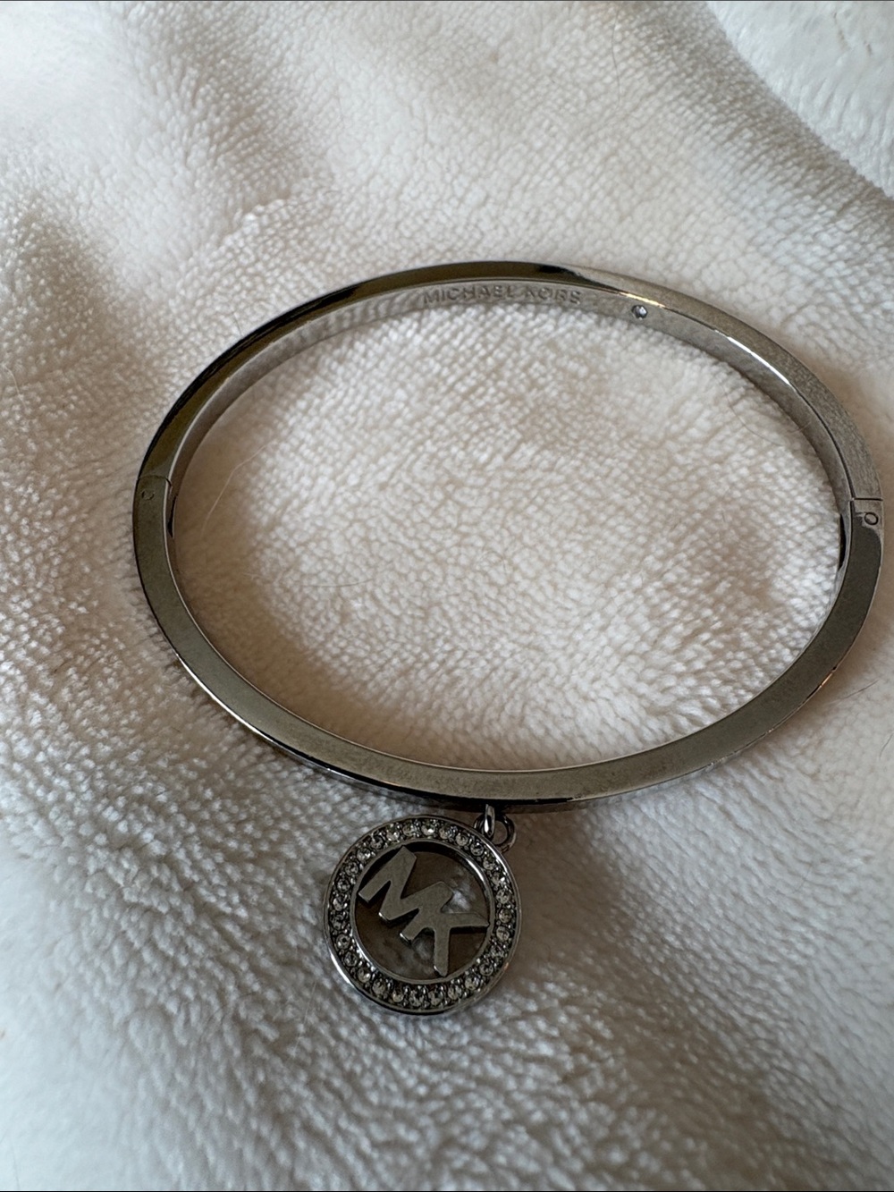 Michael Kors Silver Tone Crystal MK Logo Charm Hinged Bangle Bracelet